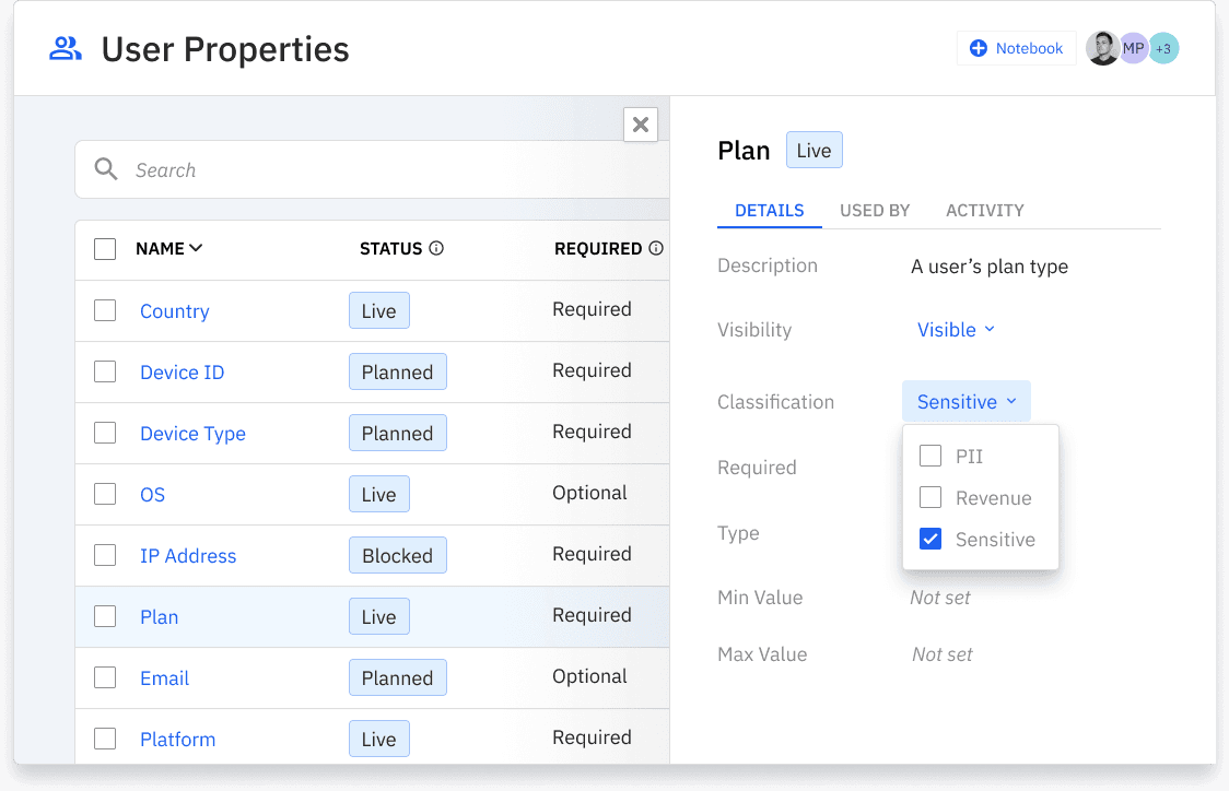 Data governance interface showing security and compliance features
