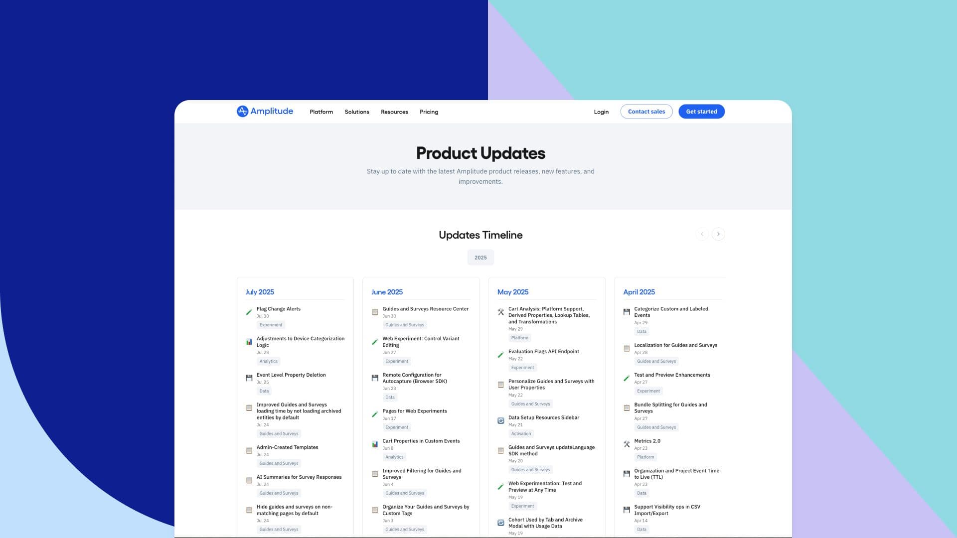 Amplitude's new product updates page with a timeline of releases