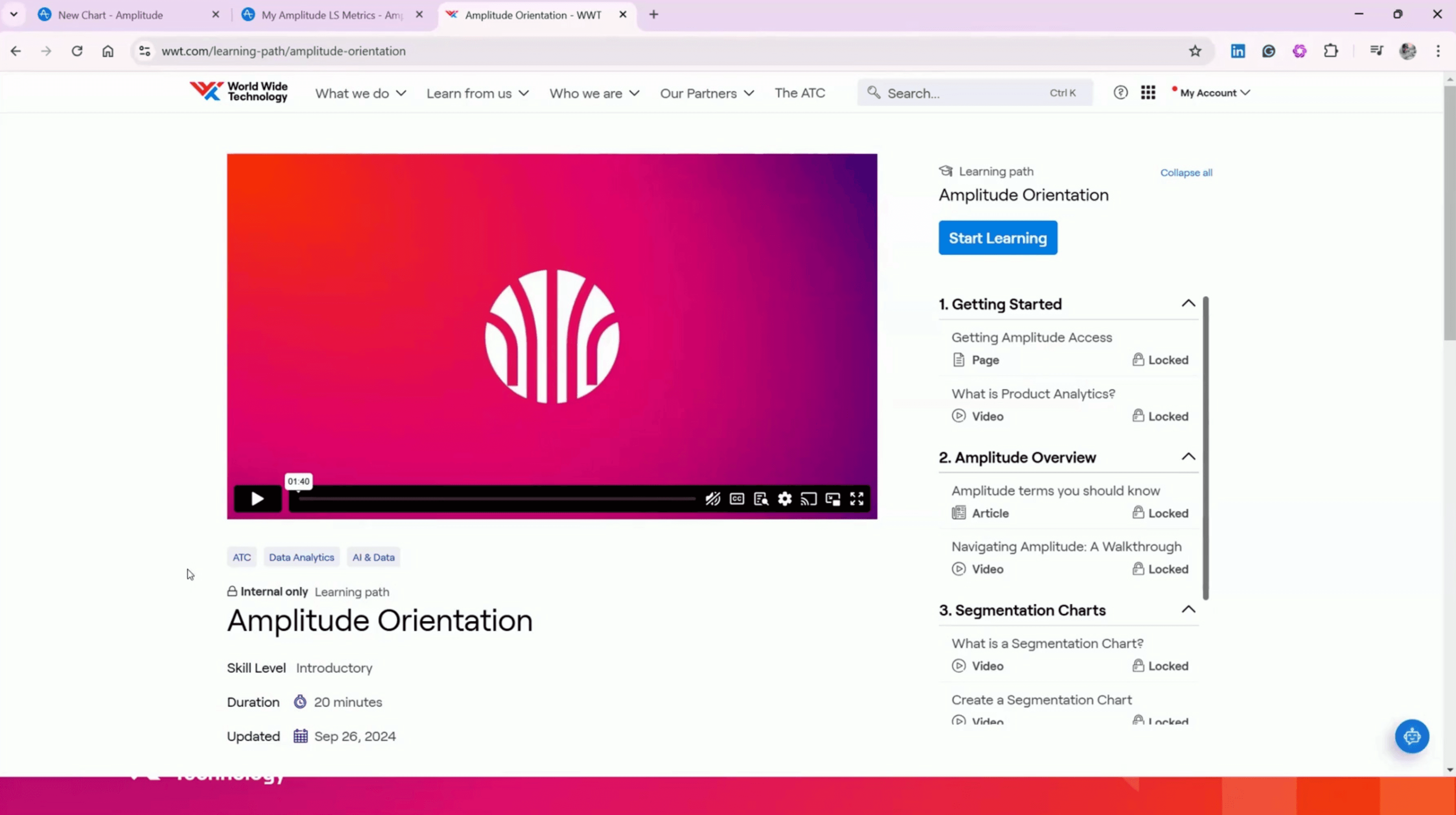 Video learning landing page showing the Amplitude Orientation video and different modules.