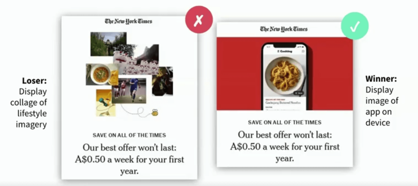 The New York Times updated its offer page with an image that shows a real recipe in its app.
