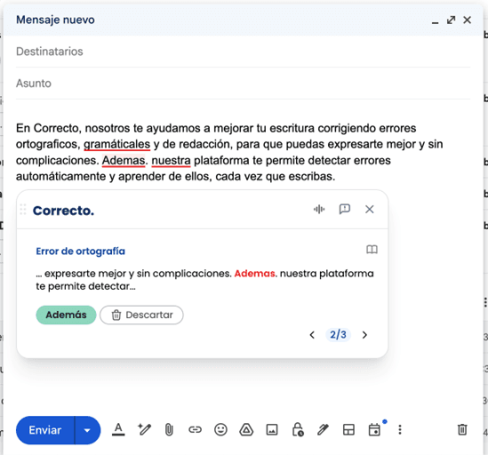 Screenshot showing the Correcto app suggesting a grammar fix on an email