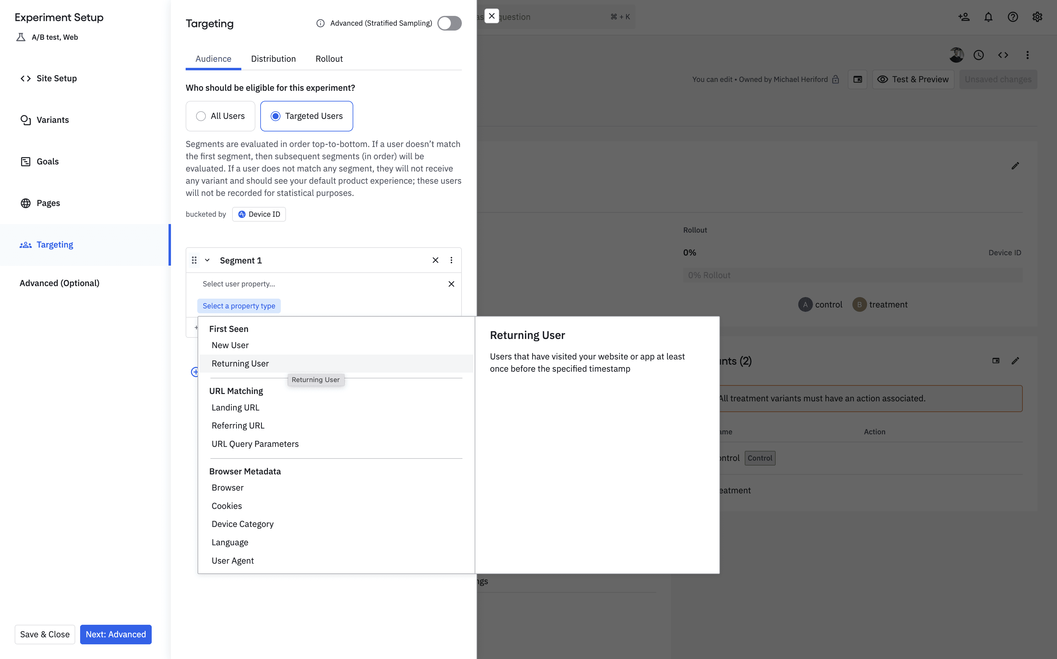 Target a cohort of users in an web experiment.