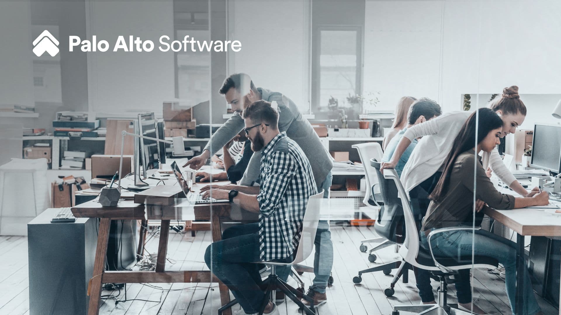 Team of software professionals collaborating in a modern open office, reviewing work on computer screens at shared desks beneath the Palo Alto Software logo.