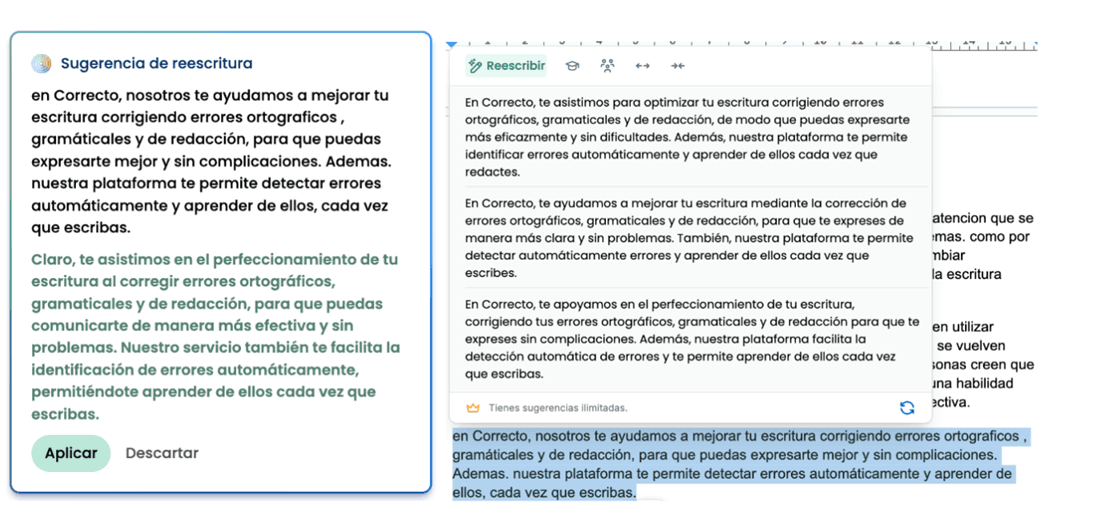 Before and after of the rephrase feature. Before shows a single large suggestion. After shows several different options in a easier-to-parse window.