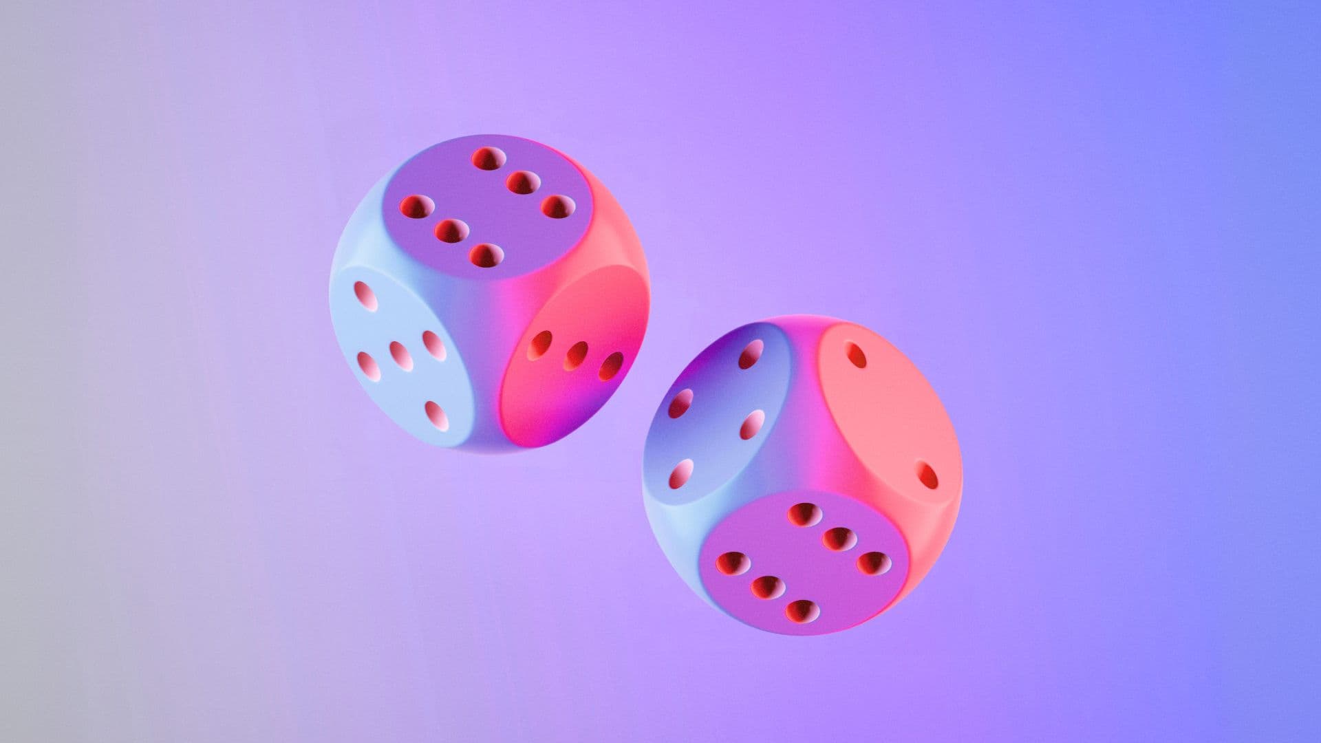 two colorful dice float in midair, suggesting probability