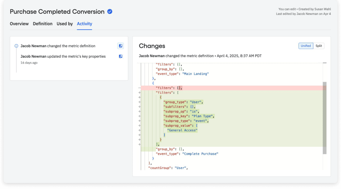 The new version history screen, showing how it makes metrics governance even easier.