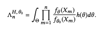 Mixture sequential probability ratio test equation showing Lambda with superscripts and subscripts, an integral over Theta, a product from m=1 to n, a fraction with f functions, and h of theta times d theta